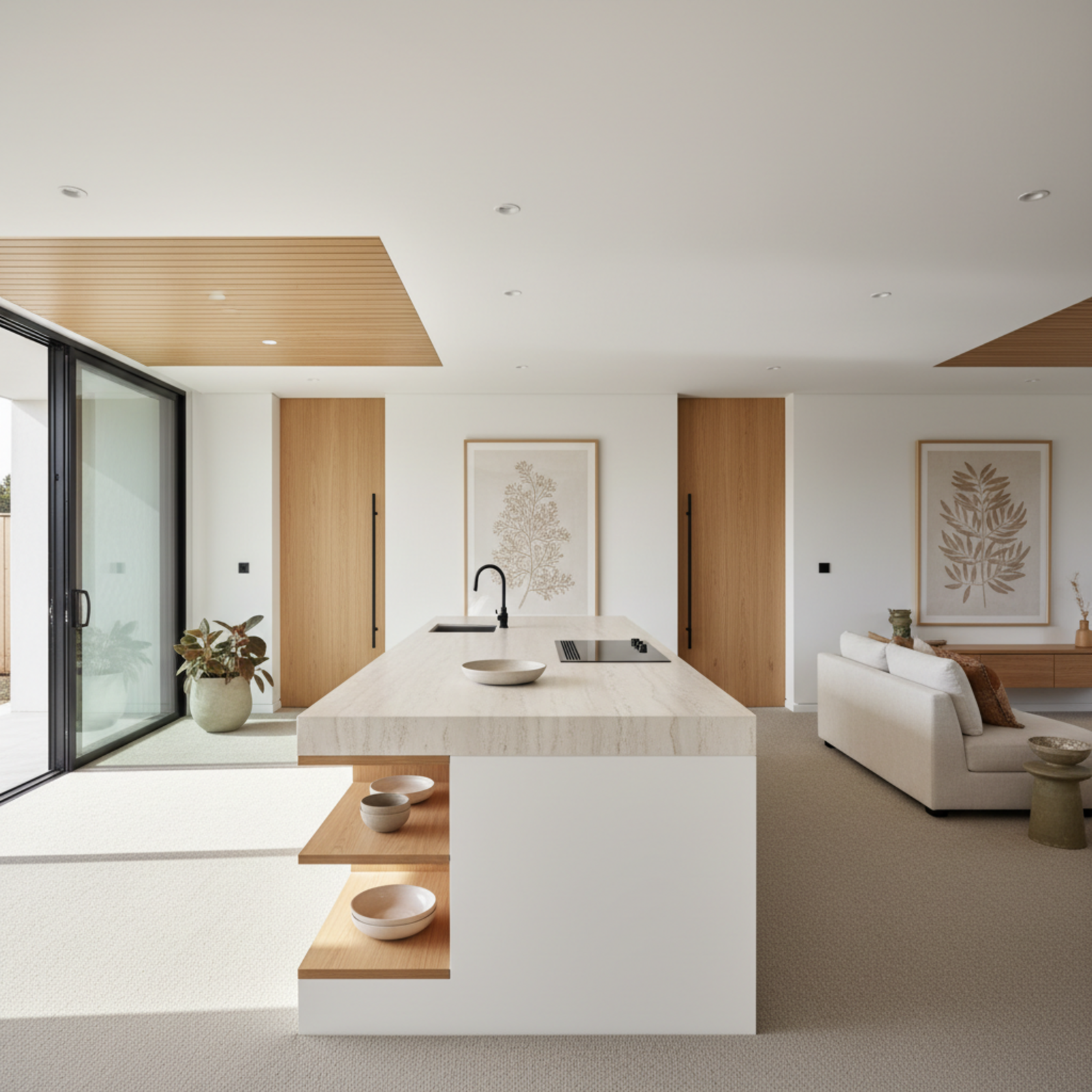 Modern open-plan kitchen and living space in a Specialist Disability Accommodation home, with wide doorways, low-pile flooring and a generous island bench designed for accessibility.