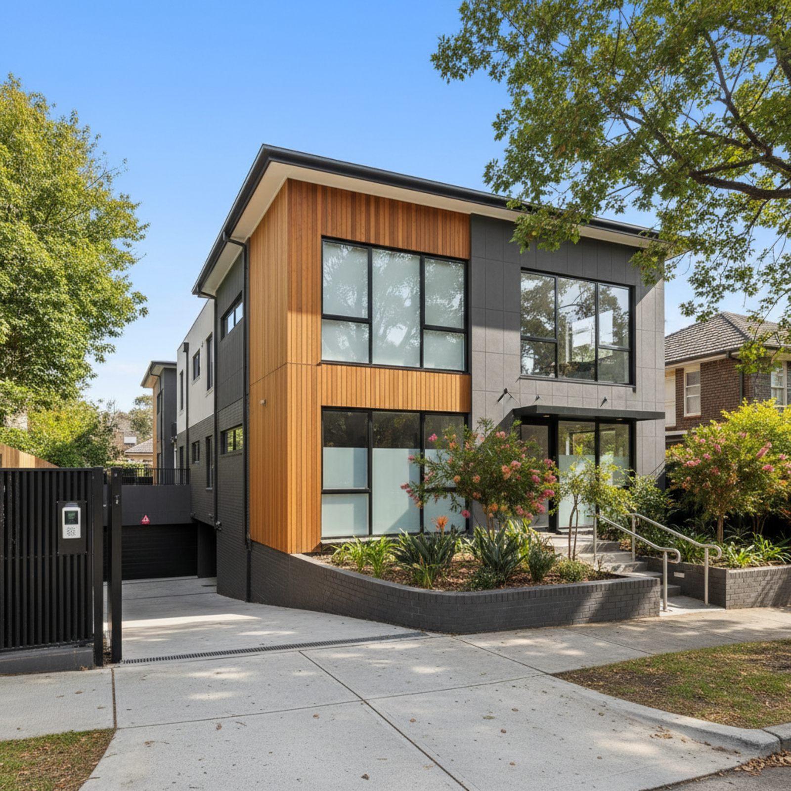 Exterior of a modern two-storey accessible SDA apartment building in a leafy Melbourne suburb, with timber and charcoal cladding and a secure gated entrance.