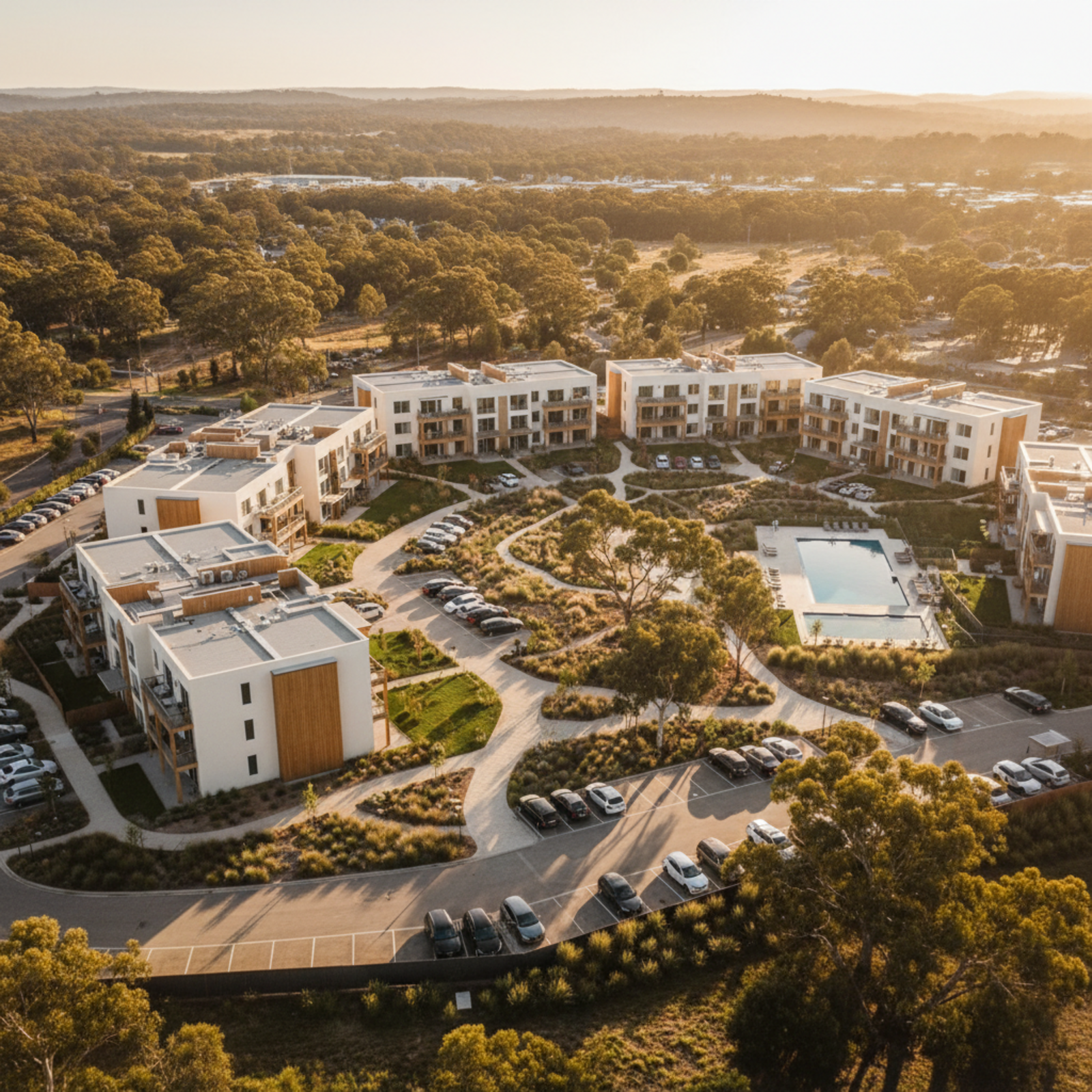Aerial view of a contemporary residential development with multiple low-rise apartment buildings, accessible pathways, landscaped courtyards and ample parking.